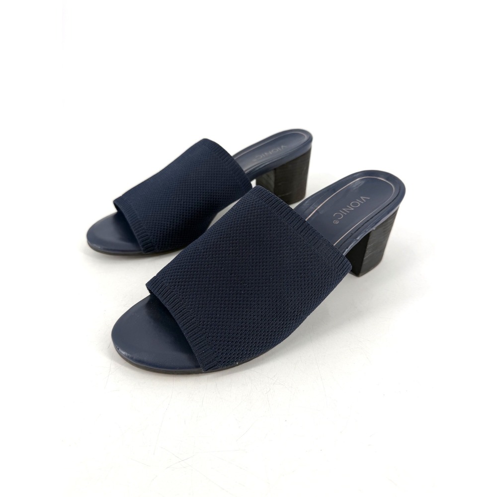 Vionic Fleur Knit Slide Sandals Womens 10 Navy Blue Block Heel Minimalist Chic